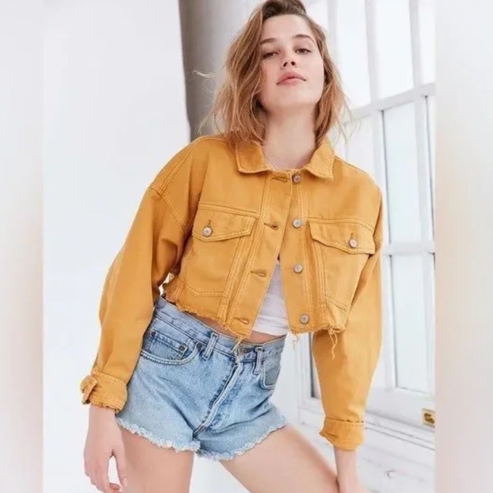 PacSun Mustard Yellow Cropped Jean Jacket Women’s Sz XS Raw Frayed Hem Denim